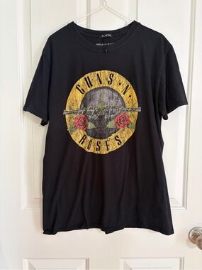 Boohoo Black Graphic Tee with Yellow Emblem and Red Roses Guns n Roses